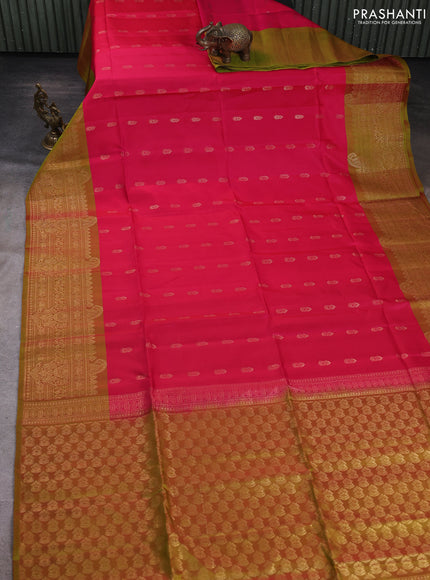 Kanchipuram soft silk saree pink and dual shade of greenish pink with allover zari woven buttas and long zari woven border