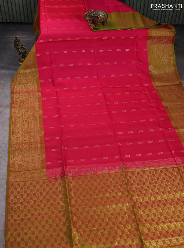 Kanchipuram soft silk saree pink and dual shade of greenish pink with allover zari woven buttas and long zari woven border