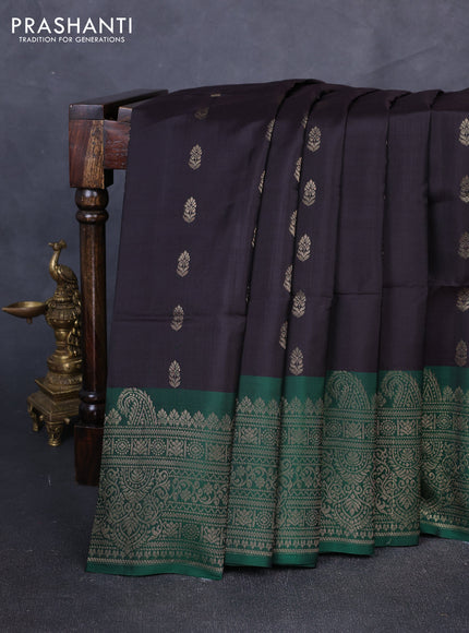 Kanchipuram soft silk saree black and green with allover zari woven buttas and long zari woven border