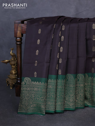 Kanchipuram soft silk saree black and green with allover zari woven buttas and long zari woven border