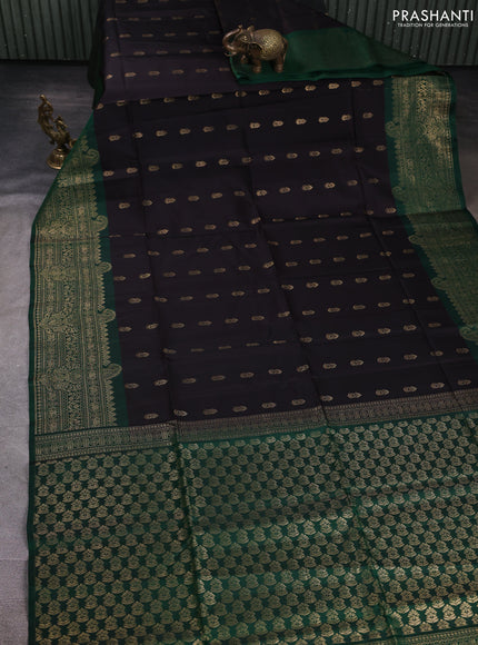 Kanchipuram soft silk saree black and green with allover zari woven buttas and long zari woven border