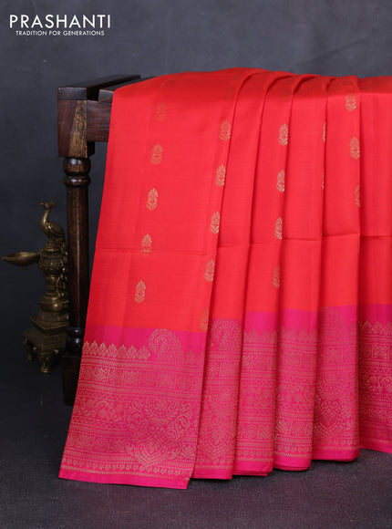 Kanchipuram soft silk saree reddish orange and pink with allover zari woven buttas and long zari woven border
