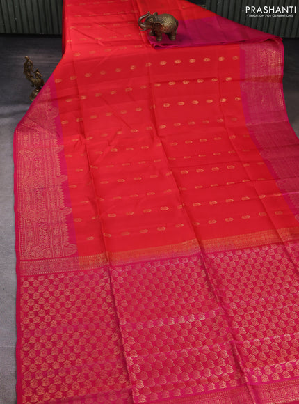 Kanchipuram soft silk saree reddish orange and pink with allover zari woven buttas and long zari woven border