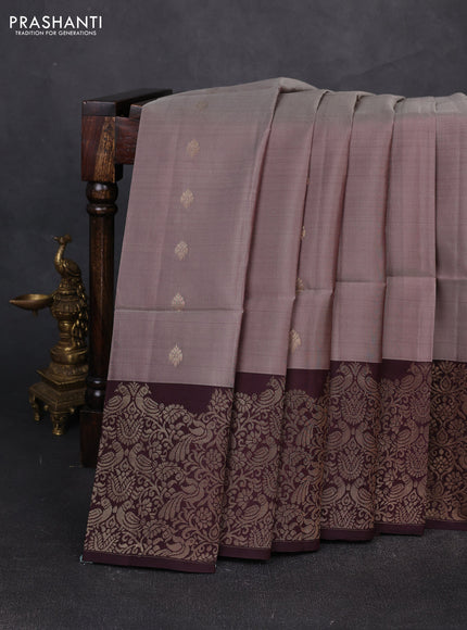 Kanchipuram soft silk saree grey shade and wine with allover zari woven buttas and long zari woven border