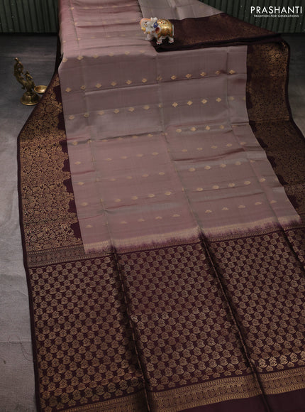 Kanchipuram soft silk saree grey shade and wine with allover zari woven buttas and long zari woven border