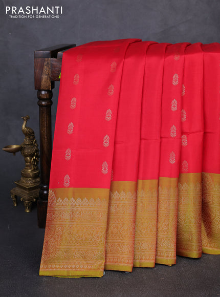 Kanchipuram soft silk saree red and dual shade of greenish red with allover zari woven buttas and long zari woven border