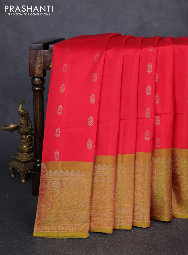 Kanchipuram soft silk saree red and dual shade of greenish red with allover zari woven buttas and long zari woven border