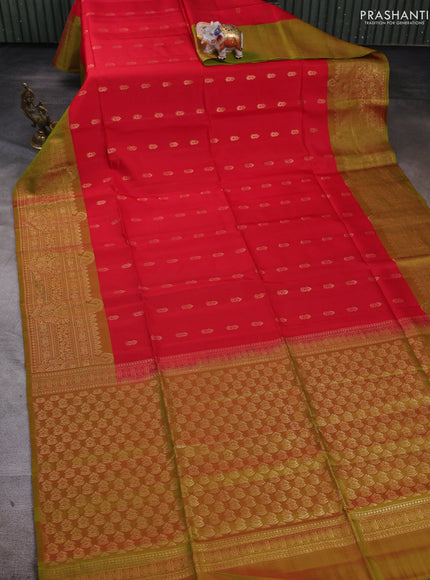 Kanchipuram soft silk saree red and dual shade of greenish red with allover zari woven buttas and long zari woven border