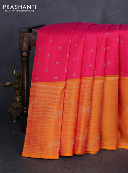 Kanchipuram soft silk saree pink and dual shade of orange with allover zari woven buttas and zari woven border