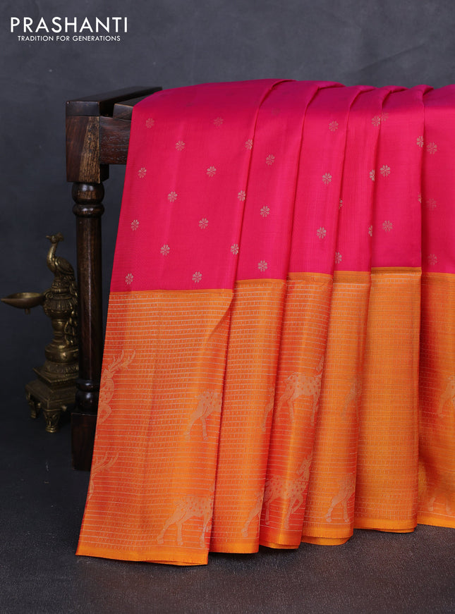 Kanchipuram soft silk saree pink and dual shade of orange with allover zari woven buttas and zari woven border