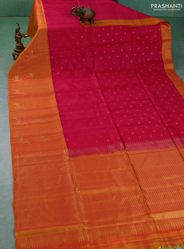 Kanchipuram soft silk saree pink and dual shade of orange with allover zari woven buttas and zari woven border
