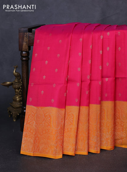 Kanchipuram soft silk saree pink and mustard yellow with allover zari woven buttas and long zari woven border