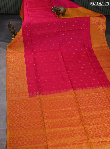 Kanchipuram soft silk saree pink and mustard yellow with allover zari woven buttas and long zari woven border