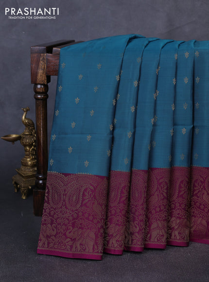 Kanchipuram soft silk saree pastel blue and magenta pink with allover zari woven buttas and long zari woven border
