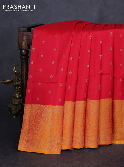 Kanchipuram soft silk saree red and mustard yellow with allover zari woven buttas and long zari woven border
