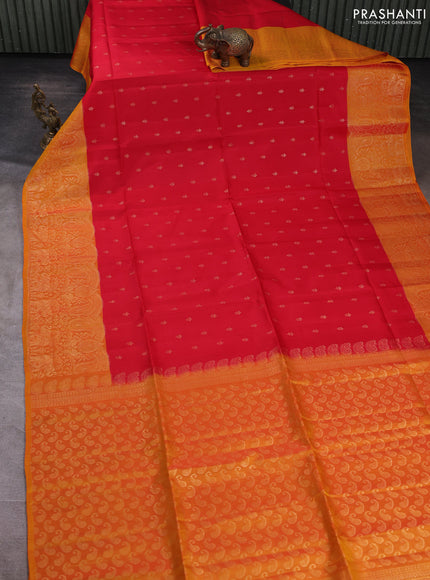 Kanchipuram soft silk saree red and mustard yellow with allover zari woven buttas and long zari woven border