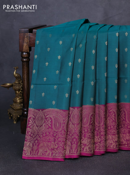 Kanchipuram soft silk saree green and dark magenta pink with allover zari woven buttas and long zari woven border