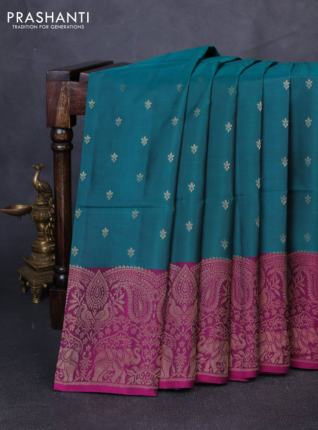 Kanchipuram soft silk saree green and dark magenta pink with allover zari woven buttas and long zari woven border