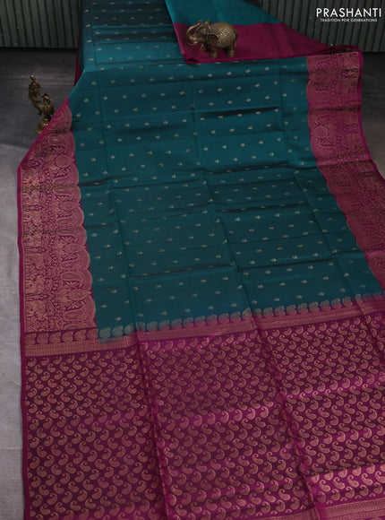 Kanchipuram soft silk saree green and dark magenta pink with allover zari woven buttas and long zari woven border