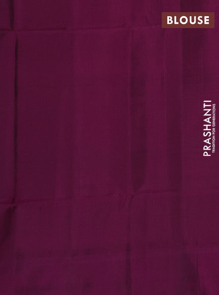 Kanchipuram soft silk saree green and dark magenta pink with allover zari woven buttas and long zari woven border