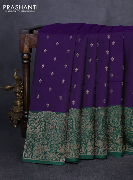 Kanchipuram soft silk saree deep violet and green with allover zari woven buttas and long zari woven border