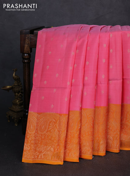 Kanchipuram soft silk saree light pink and mustard yellow with allover zari woven buttas and long zari woven border