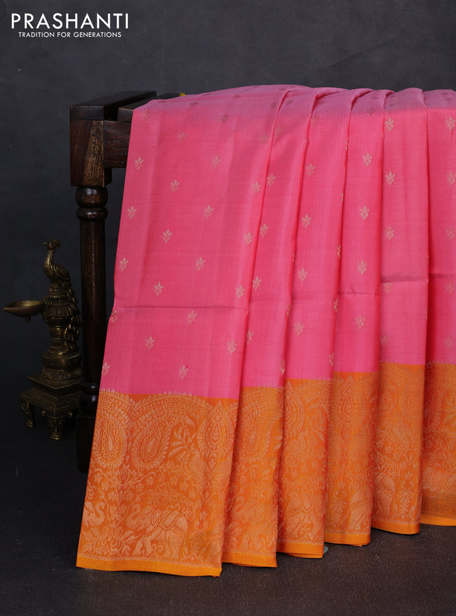 Kanchipuram soft silk saree light pink and mustard yellow with allover zari woven buttas and long zari woven border