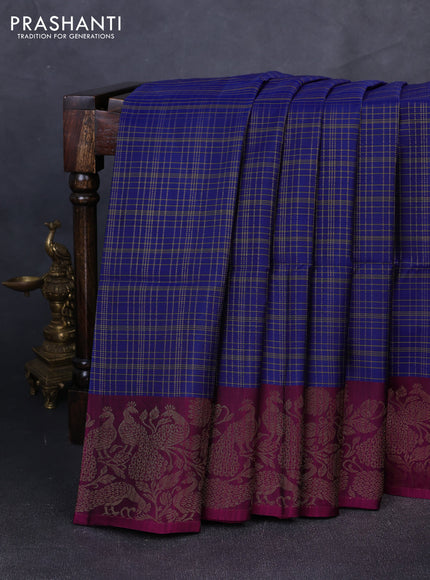 Kanchipuram soft silk saree navy blue and dark magenta pink with allover zari woven checks and zari woven border