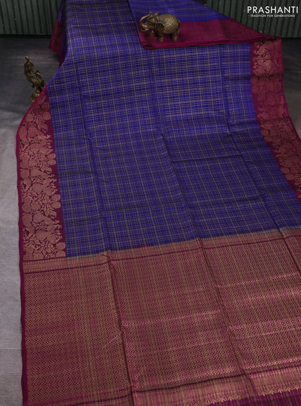 Kanchipuram soft silk saree navy blue and dark magenta pink with allover zari woven checks and zari woven border