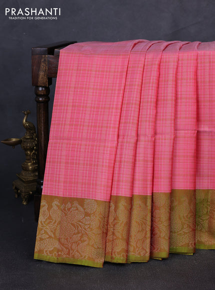 Kanchipuram soft silk saree mild peach pink and dual shade of green with allover zari woven checks and zari woven border