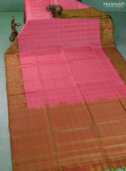 Kanchipuram soft silk saree mild peach pink and dual shade of green with allover zari woven checks and zari woven border