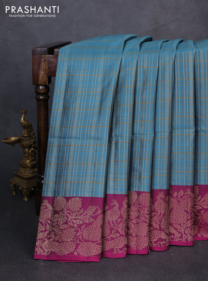 Kanchipuram soft silk saree pastel blue and dark magenta pink with allover zari woven checks and zari woven border