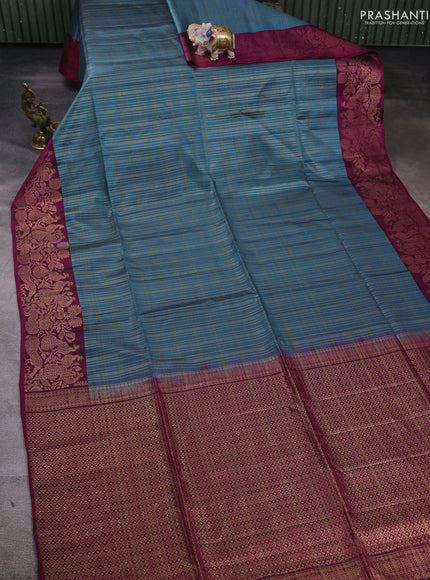 Kanchipuram soft silk saree pastel blue and dark magenta pink with allover zari woven checks and zari woven border