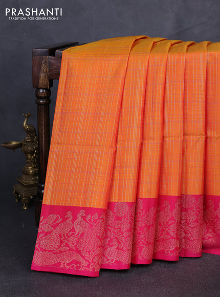 Kanchipuram soft silk saree sunset orange and pink with allover zari woven checks and zari woven border