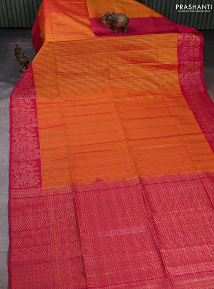 Kanchipuram soft silk saree sunset orange and pink with allover zari woven checks and zari woven border