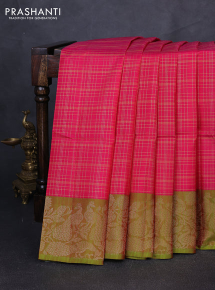 Kanchipuram soft silk saree pink and dual shade of greenish pink with allover zari woven checks and zari woven border