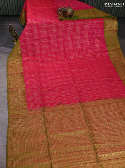 Kanchipuram soft silk saree pink and dual shade of greenish pink with allover zari woven checks and zari woven border