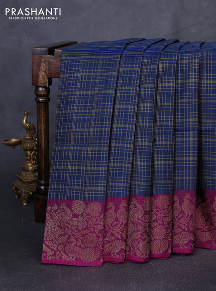 Kanchipuram soft silk saree peacock blue and magenta pink with allover zari woven checks and zari woven border