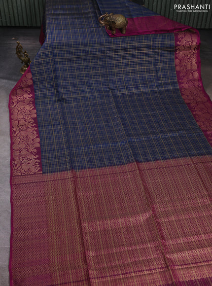 Kanchipuram soft silk saree peacock blue and magenta pink with allover zari woven checks and zari woven border