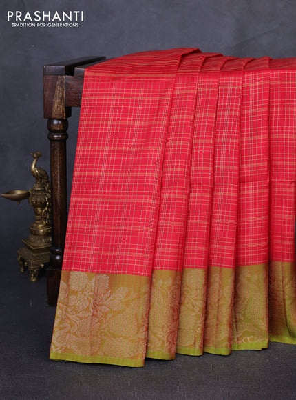 Kanchipuram soft silk saree red and dual shade of greenish red with allover zari woven checks and zari woven border