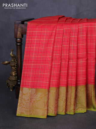 Kanchipuram soft silk saree red and dual shade of greenish red with allover zari woven checks and zari woven border