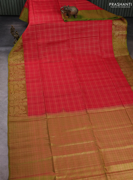 Kanchipuram soft silk saree red and dual shade of greenish red with allover zari woven checks and zari woven border