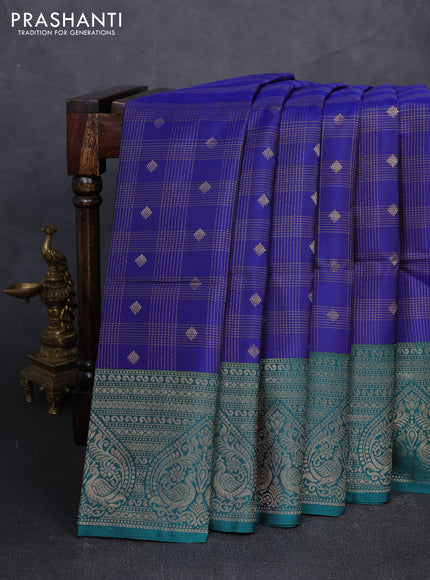 Kanchipuram soft silk saree navy blue and green with allover zari checks & buttas and long zari woven border