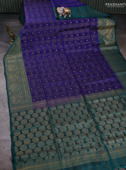 Kanchipuram soft silk saree navy blue and green with allover zari checks & buttas and long zari woven border
