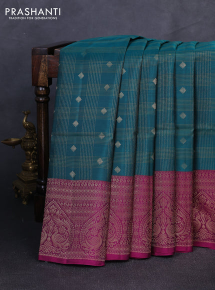 Kanchipuram soft silk saree green and magenta pink with allover zari checks & buttas and long zari woven border