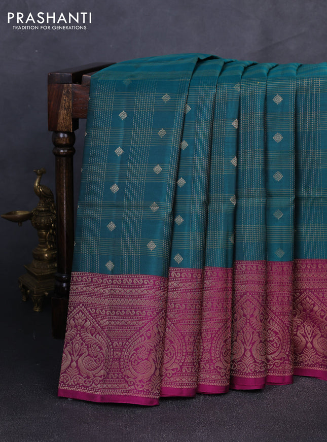 Kanchipuram soft silk saree green and magenta pink with allover zari checks & buttas and long zari woven border