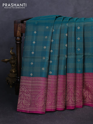 Kanchipuram soft silk saree green and magenta pink with allover zari checks & buttas and long zari woven border