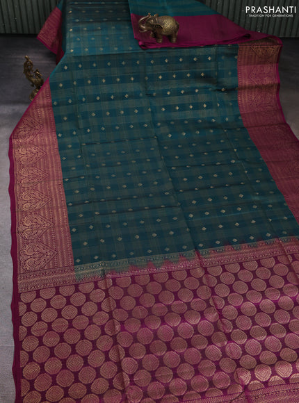 Kanchipuram soft silk saree green and magenta pink with allover zari checks & buttas and long zari woven border