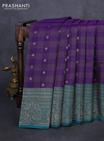 Kanchipuram soft silk saree violet and green with allover zari checks & buttas and long zari woven border