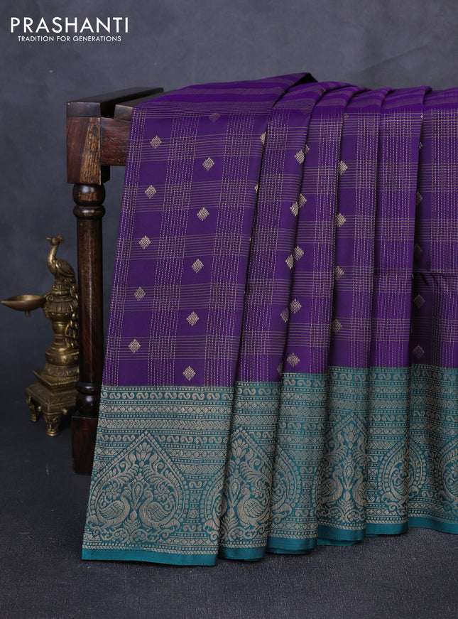 Kanchipuram soft silk saree violet and green with allover zari checks & buttas and long zari woven border